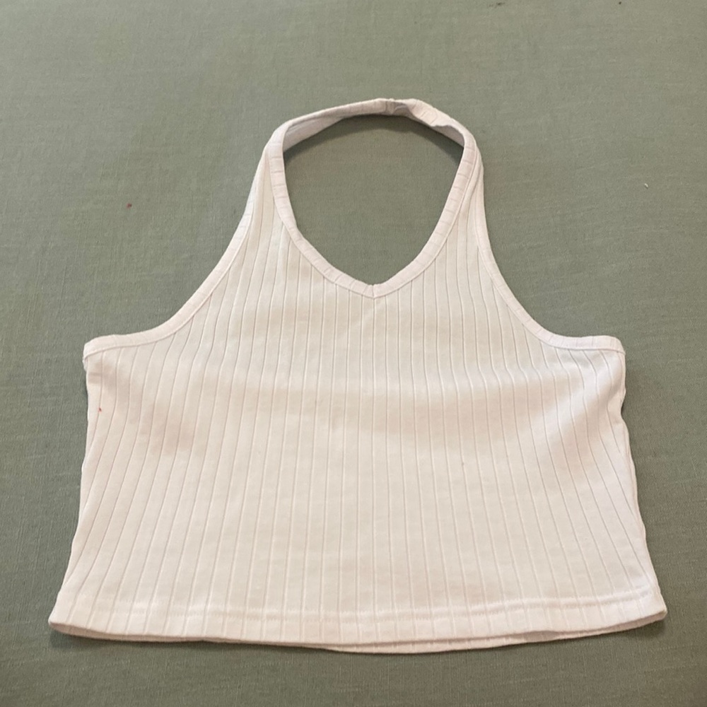 White, halter, cropped tank top.